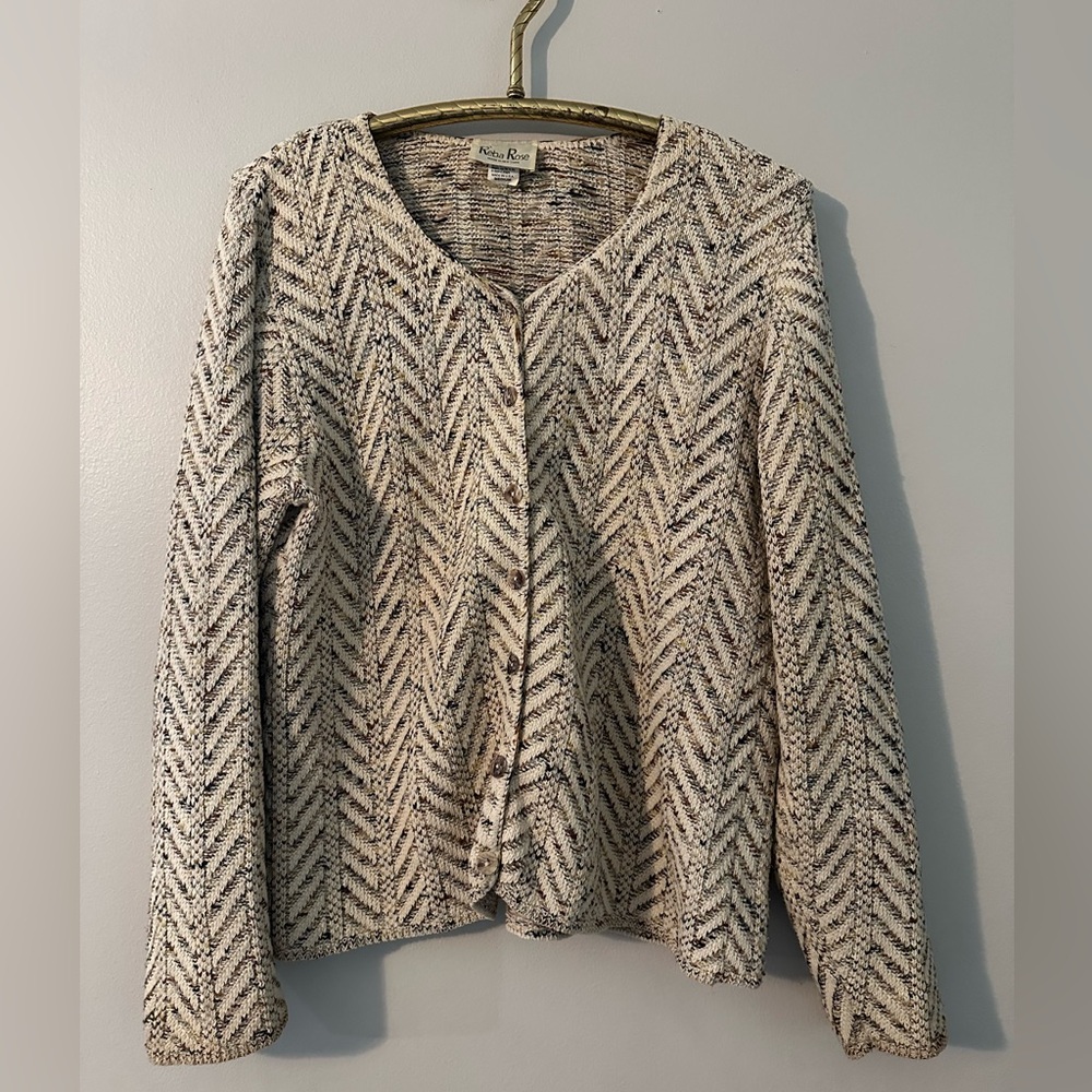 Reba Rose Women’s M Cream Multicolor Knit Cardigan Sweater 100% Cotton USA